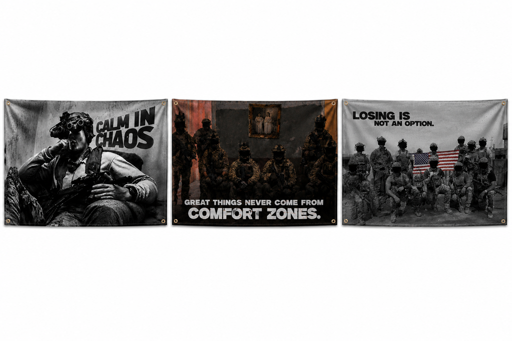 The 1% Flag Collection by Loadout Co. — three motivational wall flags side by side: Calm in Chaos, No Comfort Zones, and Losing Is Not An Option
