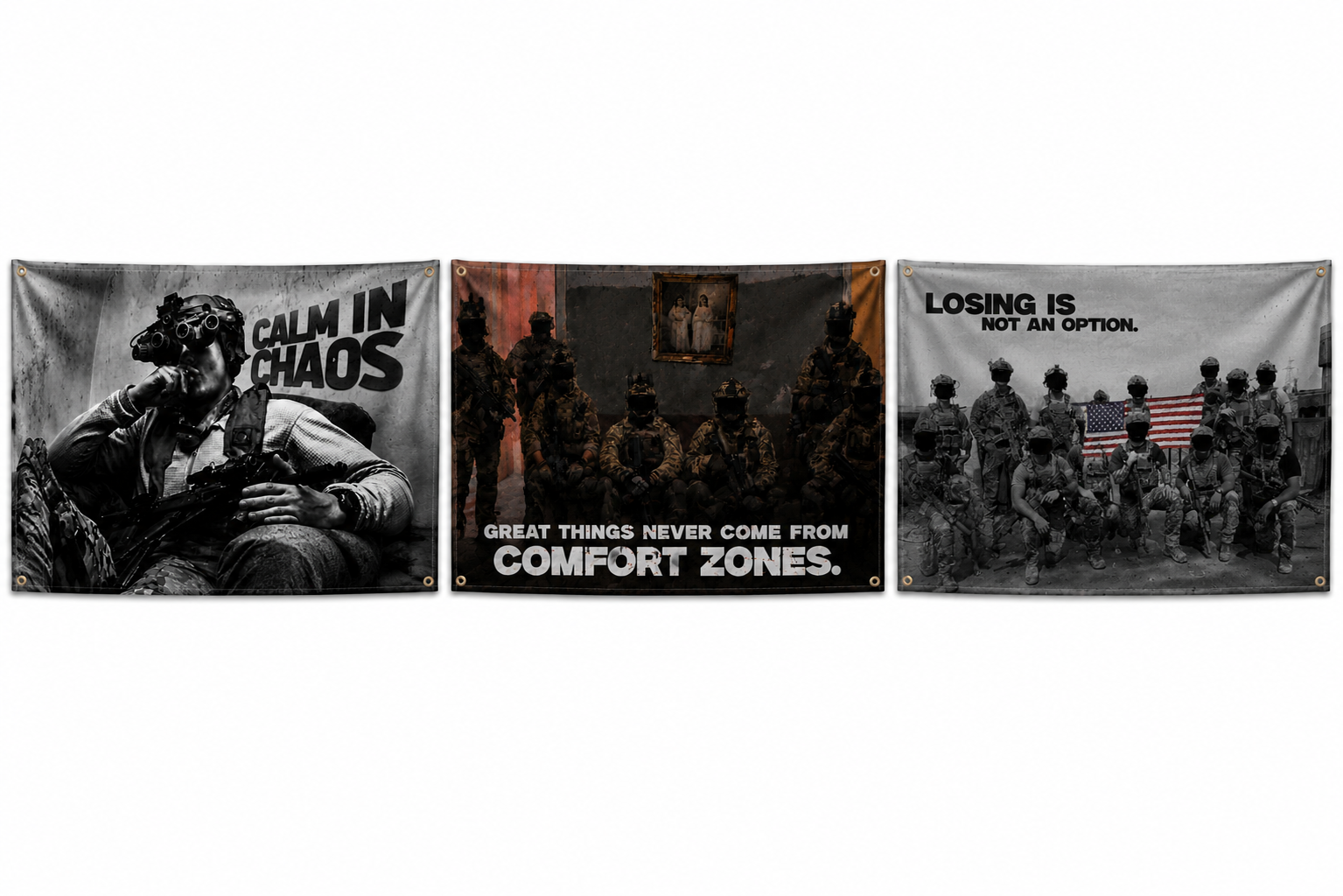 The 1% Flag Collection by Loadout Co. — three motivational wall flags side by side: Calm in Chaos, No Comfort Zones, and Losing Is Not An Option
