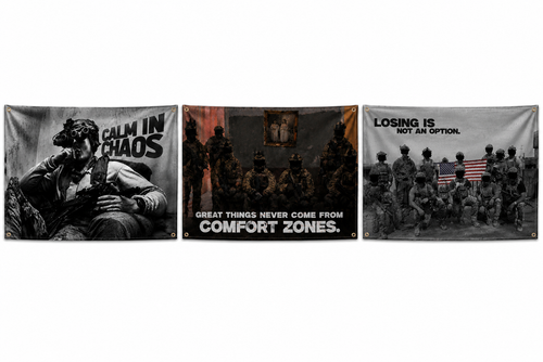 The 1% Flag Collection by Loadout Co. — three motivational wall flags side by side: Calm in Chaos, No Comfort Zones, and Losing Is Not An Option
