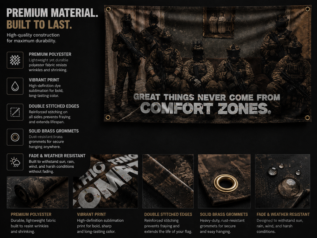 Product advertisement with text 'Great Things Never Come from Comfort Zones' and premium material details on a dark background.