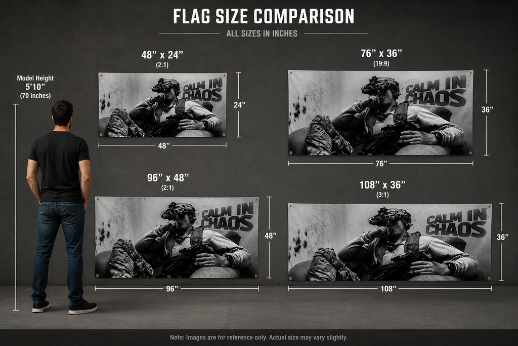 Flag size comparison chart with a person for scale on a dark background