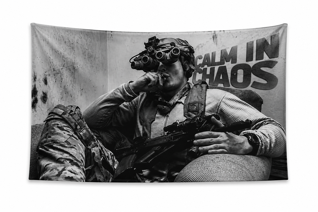 Calm in Chaos motivational wall flag by Loadout Co. — black and white lifestyle shot with soldier in tactical gear