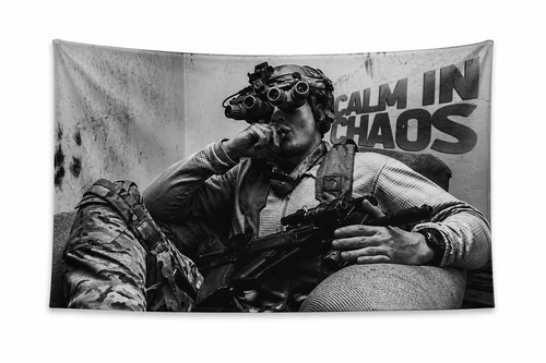 Calm in Chaos motivational wall flag by Loadout Co. — black and white lifestyle shot with soldier in tactical gear
