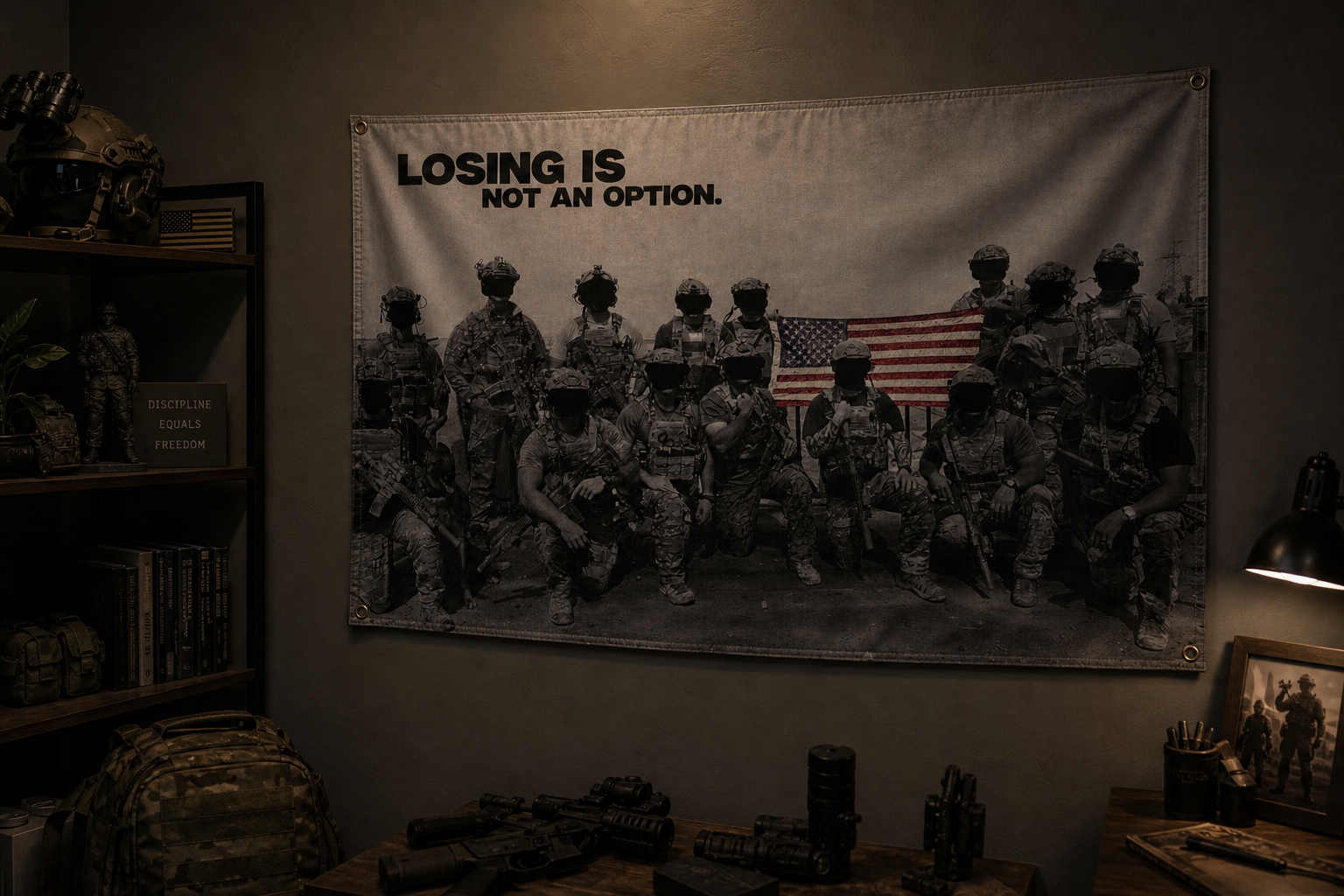 Motivational poster with soldiers and 'Losing is Not an Option' text in a room with military-themed decor.