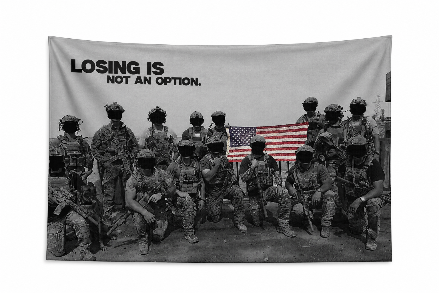 Losing Is Not An Option motivational wall flag by Loadout Co. — military team with American flag, black and white print